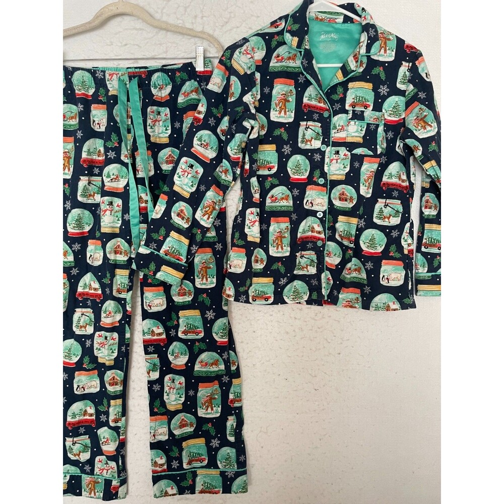 Nick & Nora Pajama Set Womens XS Blue Snow Globe Cotton Flannel Drawstring